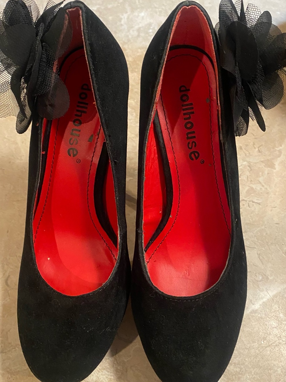 Dollhouse Black Suede Pumps with Red Insole and Tulle Flower